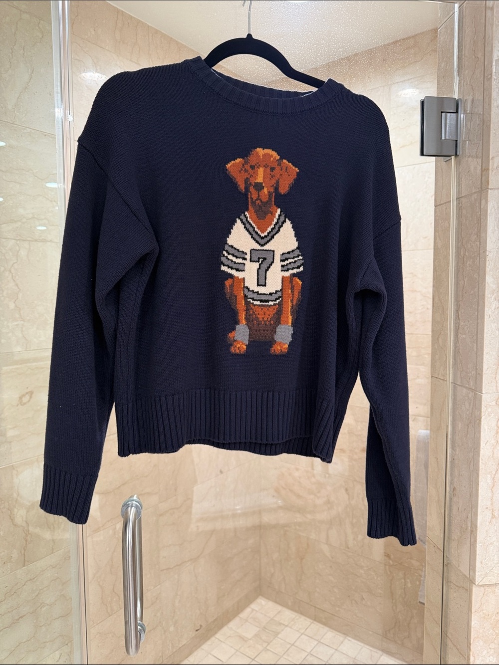 Navy Crewneck Sweater with Dog Intarsia - Women's Crew